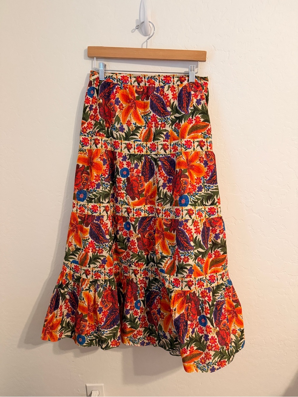 FARM Rio Anthropologie Orange Floral Tiered Midi Skirt Blue Green Cotton Small